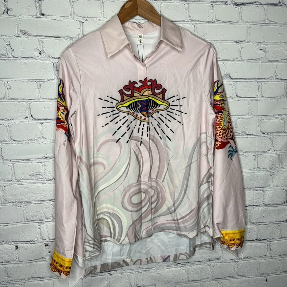 Lai Meng Five Cats Women's Button Down Printed Shirt - Picture 3 of 6